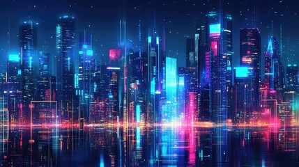 Fototapeta premium Futuristic urban skyline with skyscrapers illuminated by neon lights and digital displays. Digital illustration.