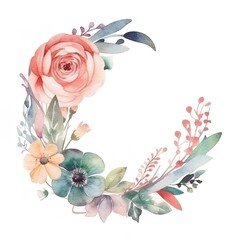 Watercolor floral wreath with pink, yellow and blue flowers.