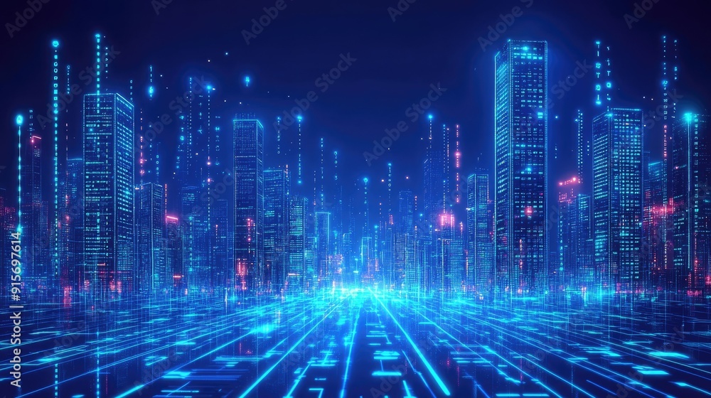 Poster high-tech city glowing in neon blue with dynamic binary code. illustration of advanced data flow and