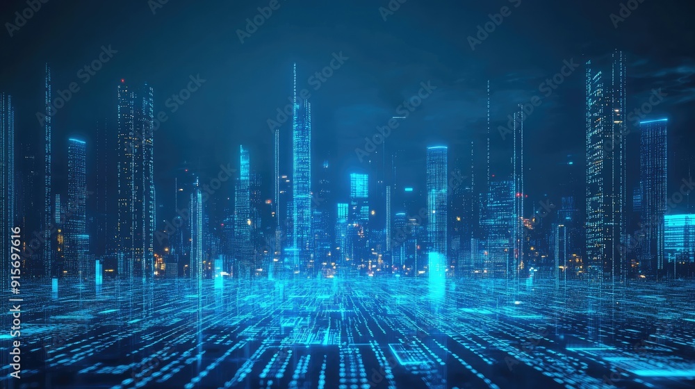 Poster high-tech city glowing in neon blue with dynamic binary code. illustration of advanced data flow and