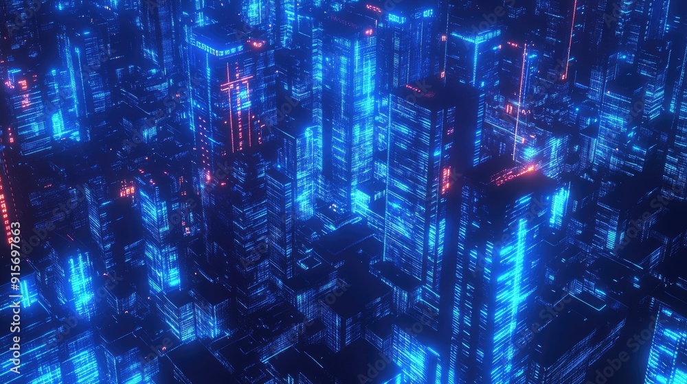 Poster high-tech city glowing in neon blue with dynamic binary code. illustration of advanced data flow and