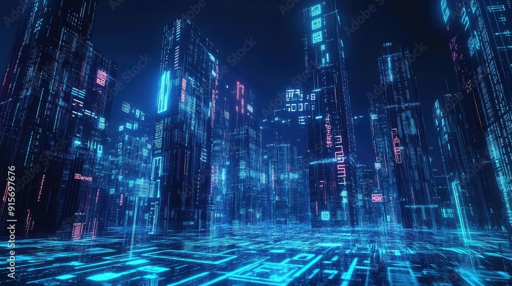Poster high-tech city glowing in neon blue with flowing binary code. symbolizing digital innovation and dat
