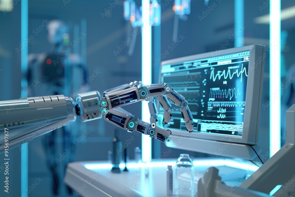 Poster a sophisticated robotic arm operating in a high-tech, futuristic setting, showcasing advanced techno