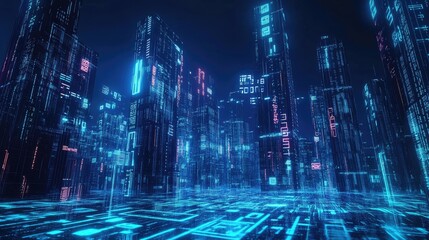 High-tech city glowing in neon blue with flowing binary code. Symbolizing digital innovation and data transmission in an urban setting.