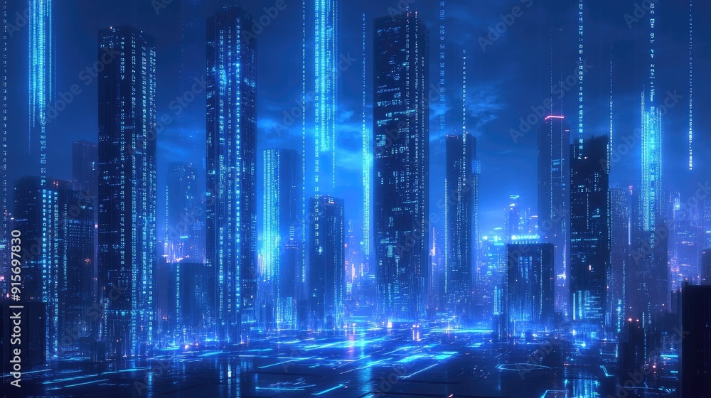Poster high-tech metropolis glowing in neon blue with binary code streaming through the skyline. symbolic o