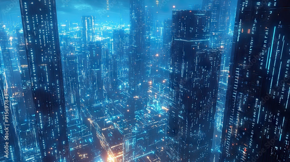 Poster high-tech cityscape featuring neon blue lighting and cascading binary code. represents cutting-edge 