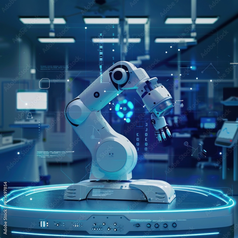 Poster robotic arm displayed on a futuristic high-tech lab table