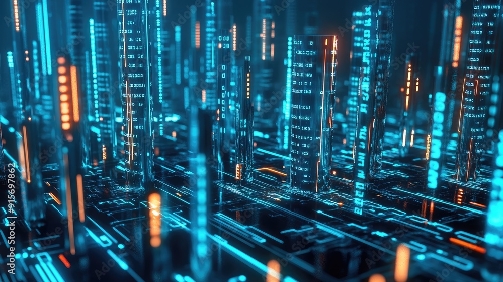 Poster high-tech metropolis with neon blue illumination and streaming binary code. represents digital innov