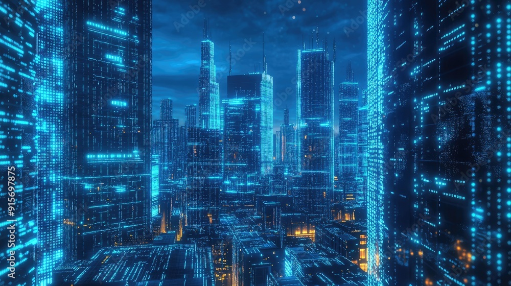 Aufkleber high-tech metropolis with neon blue illumination and streaming binary code. represents digital innov