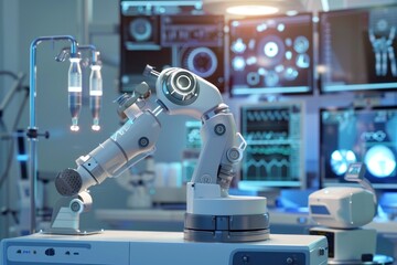 Robotic arm performing surgical operations in clinic.