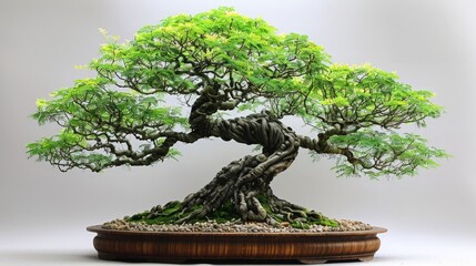 Bonsai with feathery leaves and a twisted trunk, presented on a plain background to highlight its natural beauty