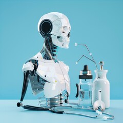 Futuristic robot bust with medical liquids and tools