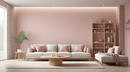 Modern minimal mock-up and decoration furniture of a living room and light color wall texture background, 3D rendering
