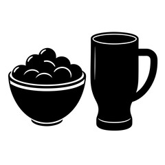 A beer mug with a bowl of olives on white background