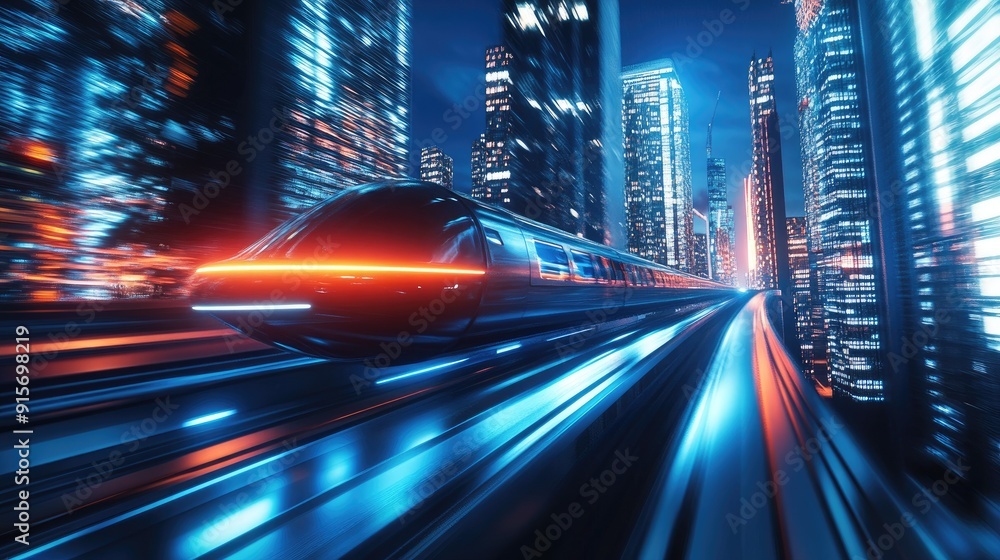Poster hyperloop racing through a nighttime cityscape with lights from skyscrapers creating a blur. 3d rend