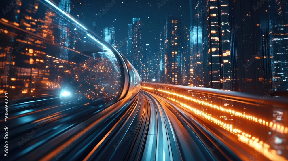 Poster hyperloop racing through a nighttime cityscape with lights from skyscrapers creating a blur. 3d rend