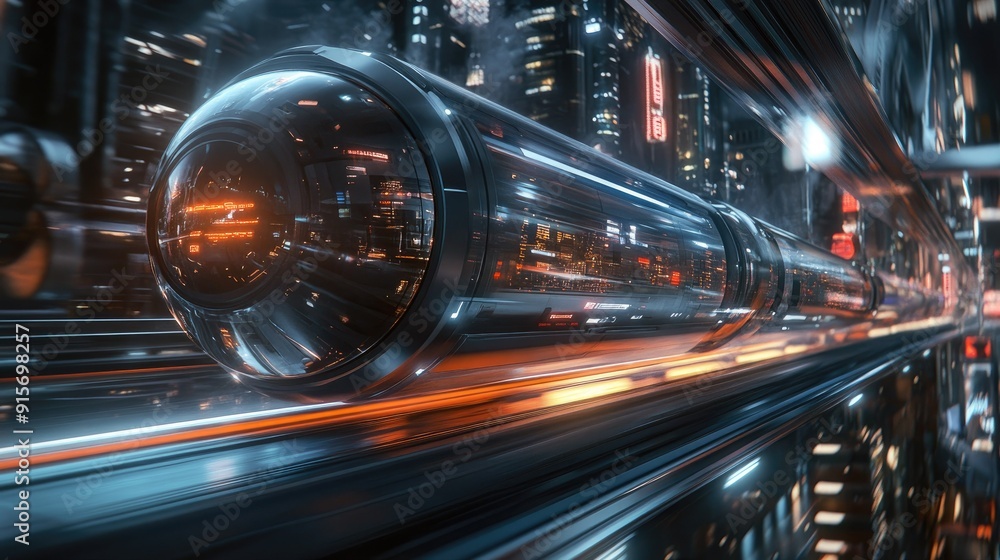 Poster hyperloop traveling at high speed in a nighttime urban environment. blurred lights from buildings ad