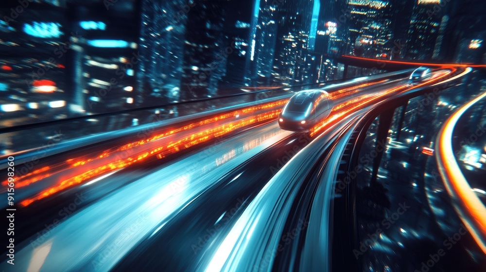 Poster hyperloop traveling at high speed in a nighttime urban environment. blurred lights from buildings ad