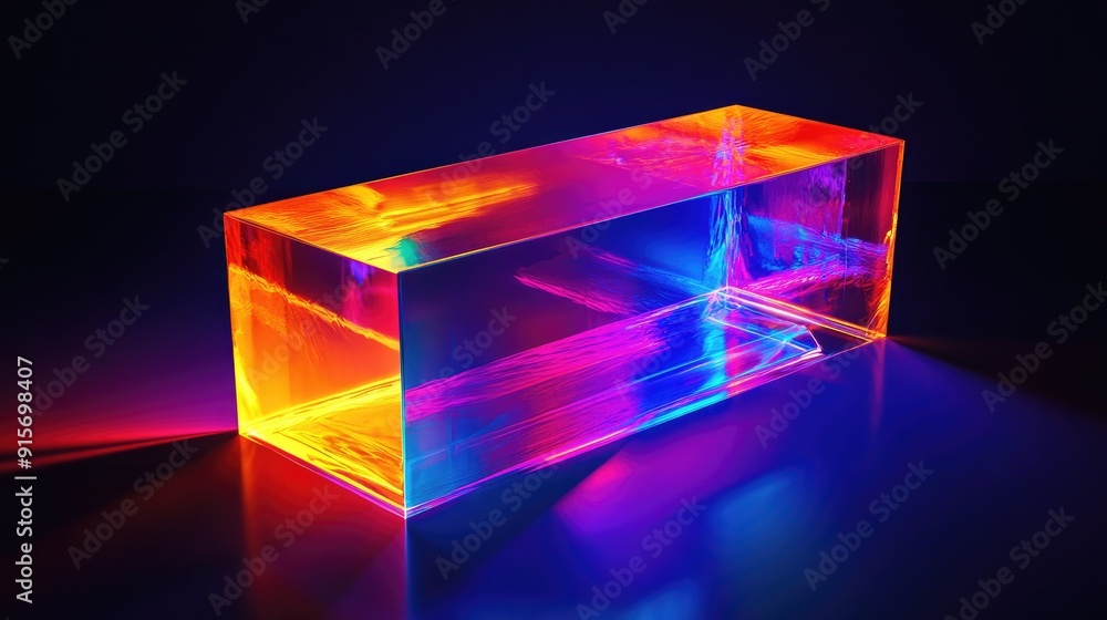 Poster illuminated abstract rectangular object with vibrant colors glowing in the dark.