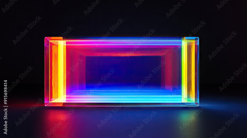 Poster illuminated abstract rectangular object with vibrant colors glowing in the dark.