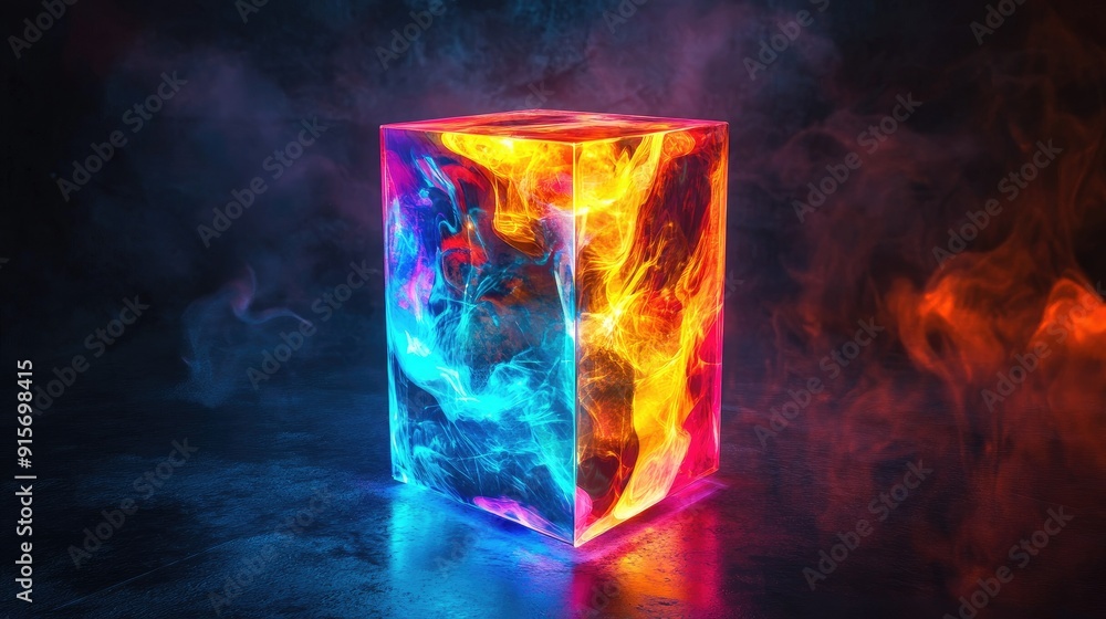 Poster illuminated abstract rectangular object with vibrant colors glowing in the dark.