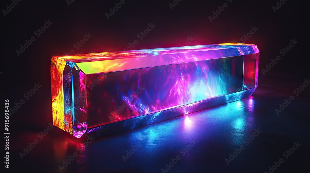 Poster illuminated multicolored abstract rectangular object glowing brightly against a black background.