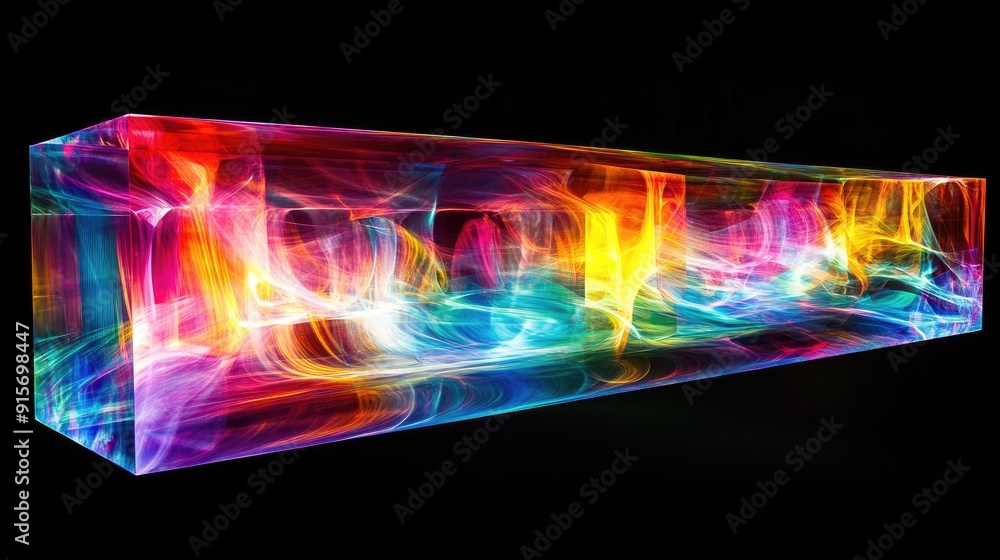 Poster illuminated multicolored abstract rectangular object glowing brightly against a black background.