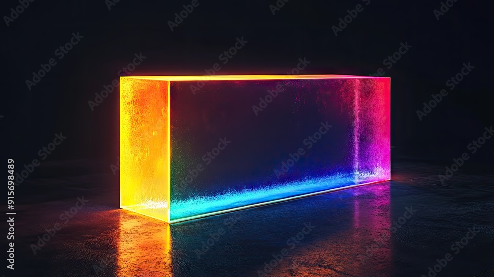 Poster illuminated multicolored rectangular object creating a vibrant abstract effect against a black backd