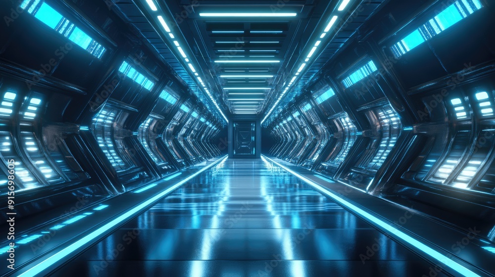 Poster infinite corridor with reflective textures and dynamic glowing lights. sci-fi background.