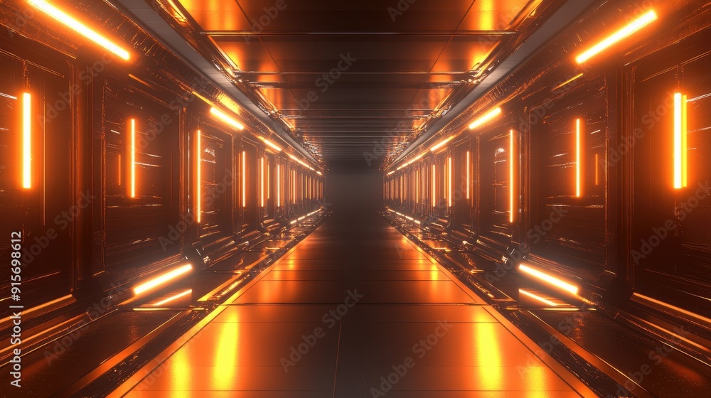 Poster infinite corridor with reflective textures and dynamic glowing lights. sci-fi background.