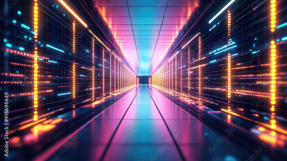 Poster infinite reflective corridor with glowing lights, creating a captivating sci-fi atmosphere.