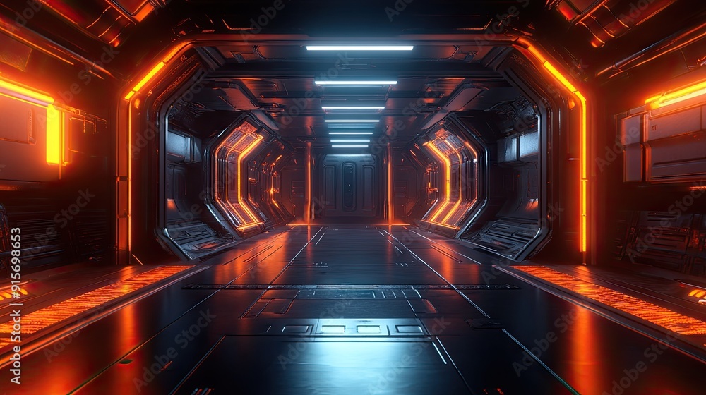 Poster infinite reflective corridor with glowing lights, creating a captivating sci-fi atmosphere.