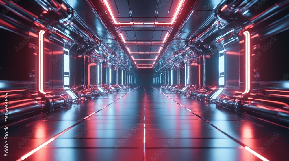 Poster infinite reflective corridor with glowing lights, creating a captivating sci-fi atmosphere.
