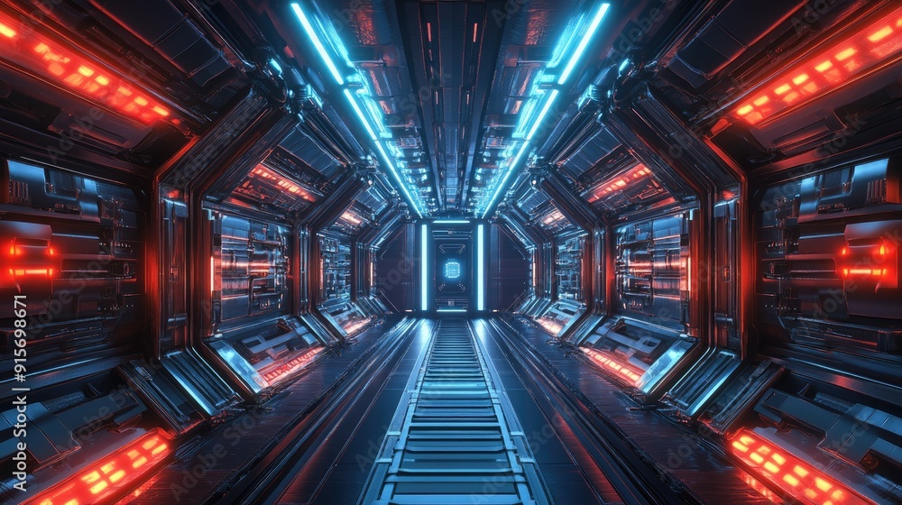 Poster infinite reflective corridor with glowing lights, creating a captivating sci-fi atmosphere.