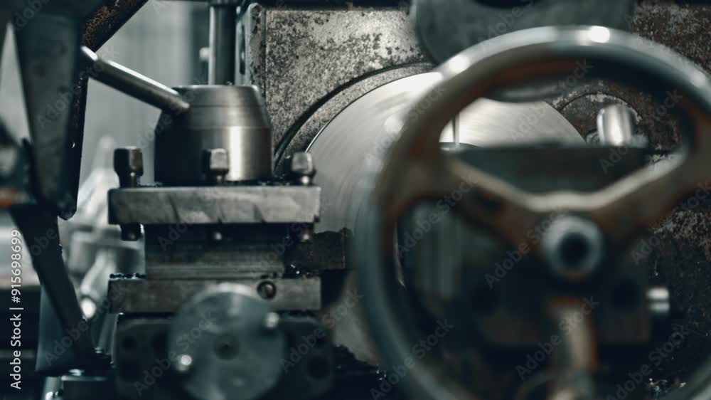 Poster close-up of a metalworker adjusting a lathe machine in a factory setting, showcasing hand movements 