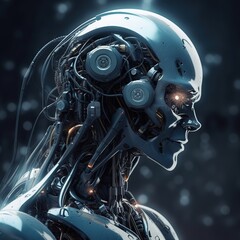 Close-up of a metallic robot's head with intricate internal mechanisms.