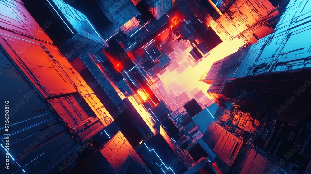Poster interconnected cubes forming a futuristic space station in a sci-fi universe.