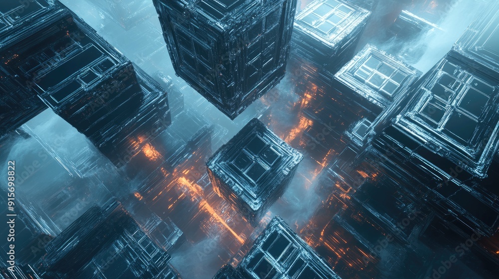 Poster interconnected cubes forming a futuristic space station in an abstract sci-fi scene.