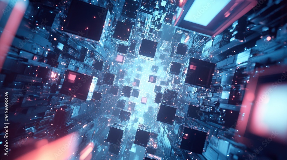 Poster interconnected cubes forming a futuristic space station in an abstract sci-fi scene.