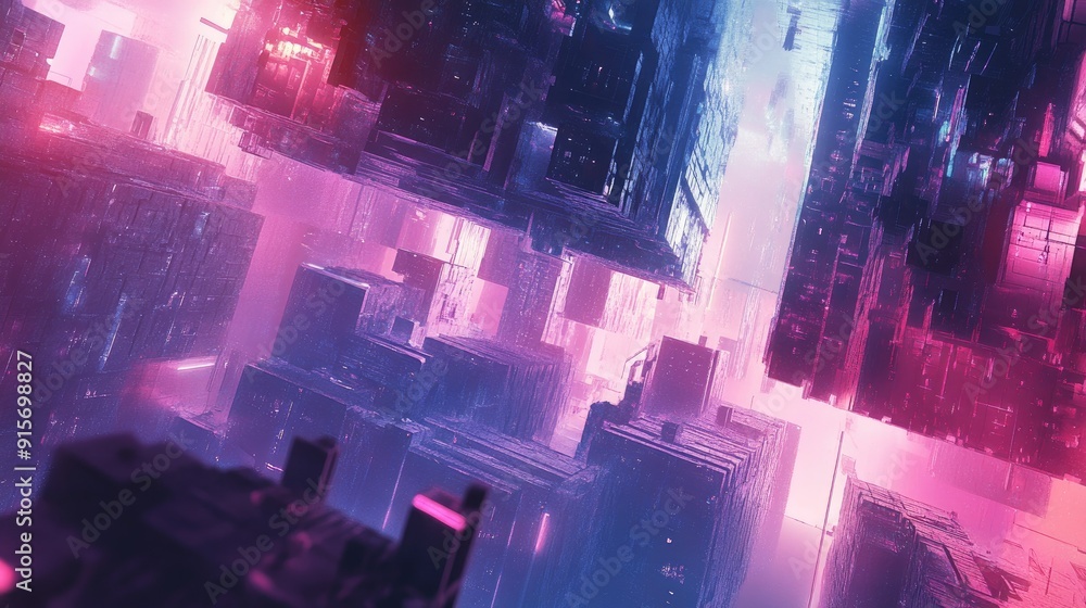 Poster interconnected cubes forming a futuristic space station in an abstract sci-fi scene.