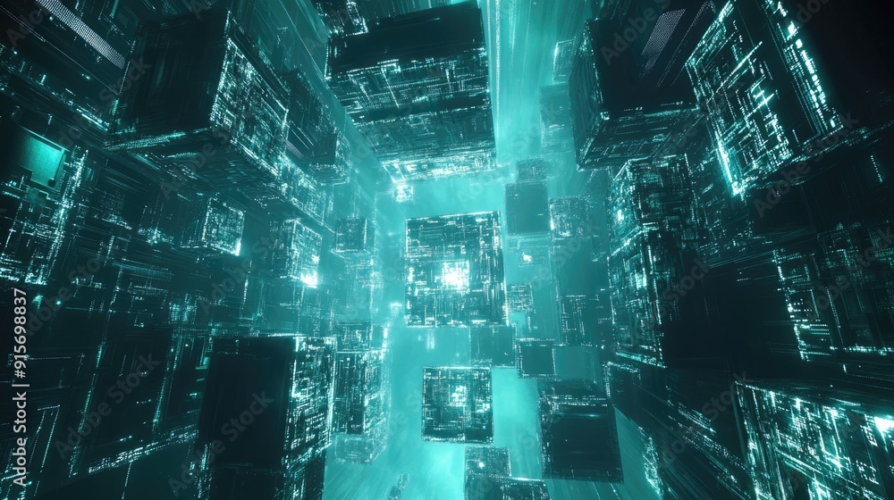 Poster interconnected cubes forming a futuristic space station in an abstract sci-fi scene.