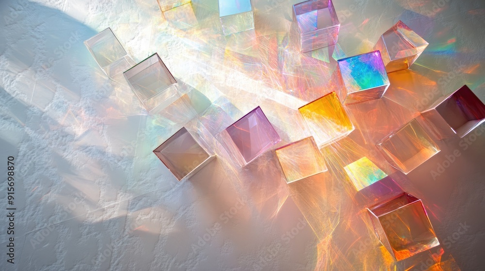 Poster light dispersed by dichroic glass cubes, creating a colorful and sparkling spectrum on textured whit