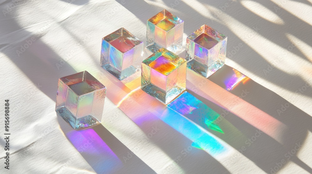 Poster light dispersed by dichroic glass cubes, creating a colorful and sparkling spectrum on textured whit