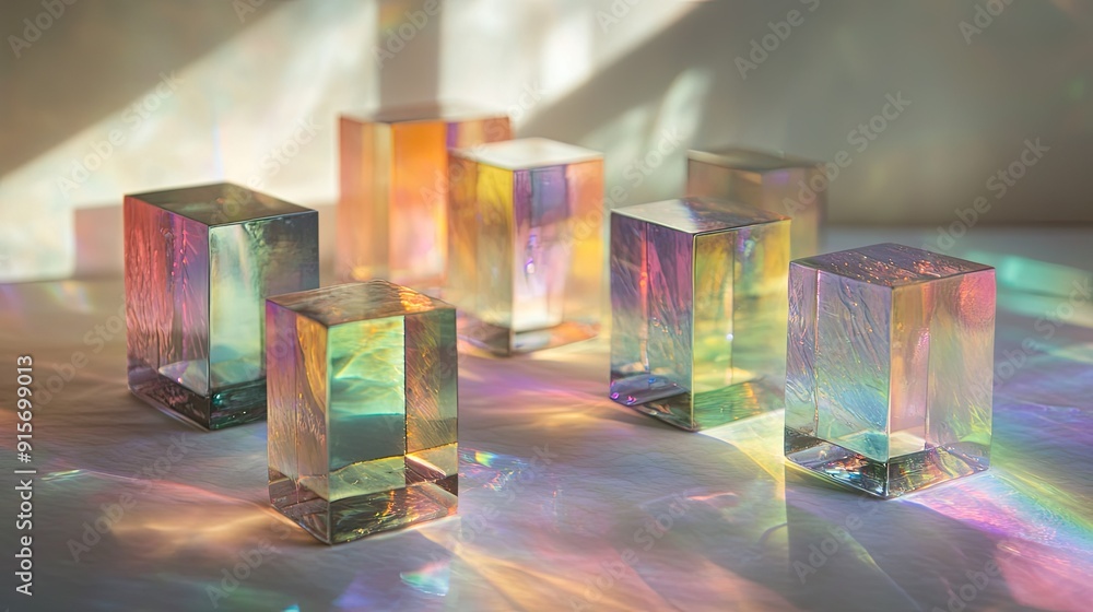Poster light spectrum from dichroic glass cubes, creating a sparkling effect on textured white paper in an 