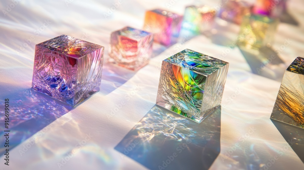 Poster light spectrum from dichroic glass cubes, creating a sparkling effect on textured white paper in an 