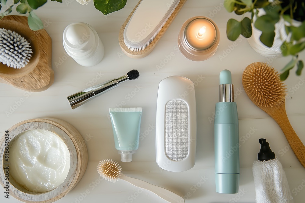 Poster a serene setting showcasing an array of skincare products and tools on a wooden surface surrounded b