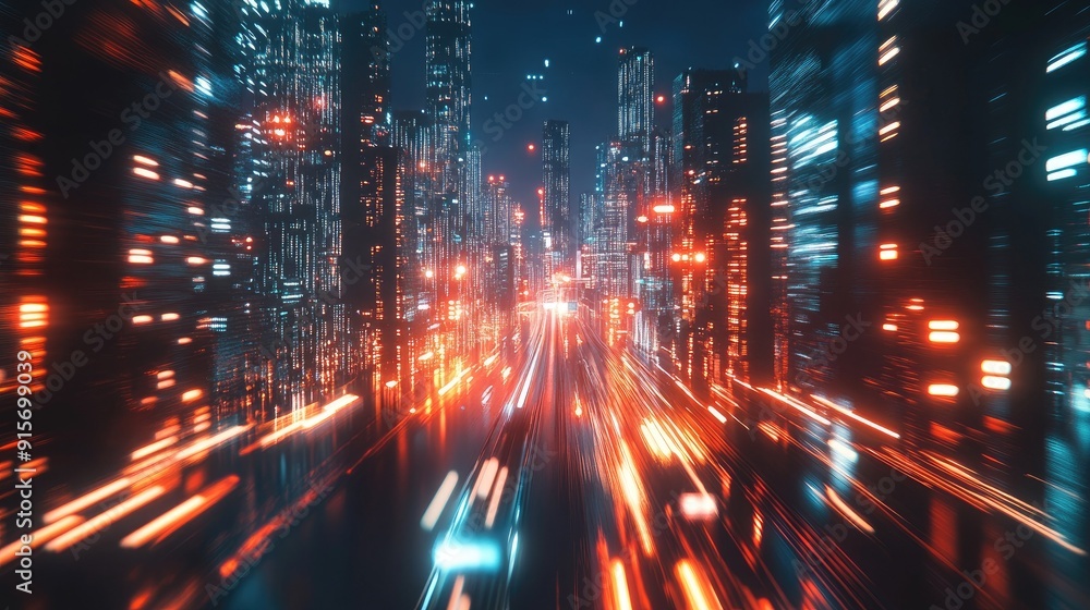 Poster mega city at night with a hyperloop moving fast. blurred lights from buildings create a dynamic, fut