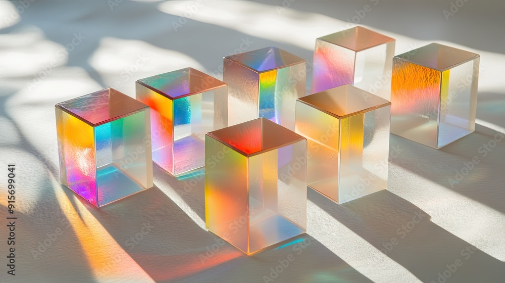 Poster light spectrum from dichroic glass cubes, creating a sparkling effect on textured white paper in an 