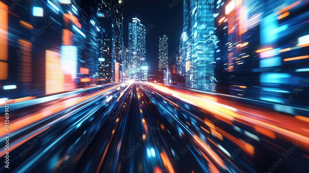 Poster mega city at night with a hyperloop moving fast. blurred lights from buildings create a dynamic, fut