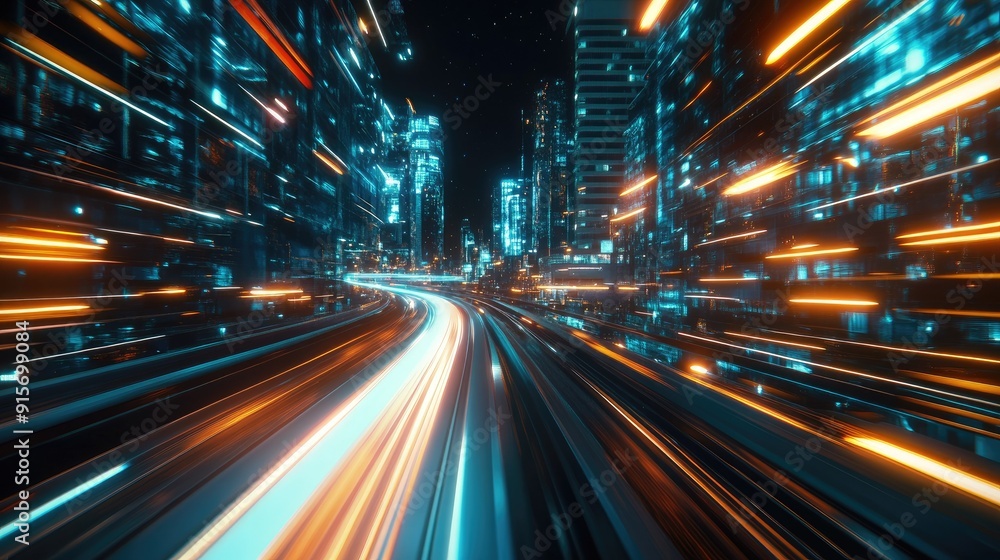 Poster mega city at night with a hyperloop moving fast. blurred lights from buildings create a dynamic, fut